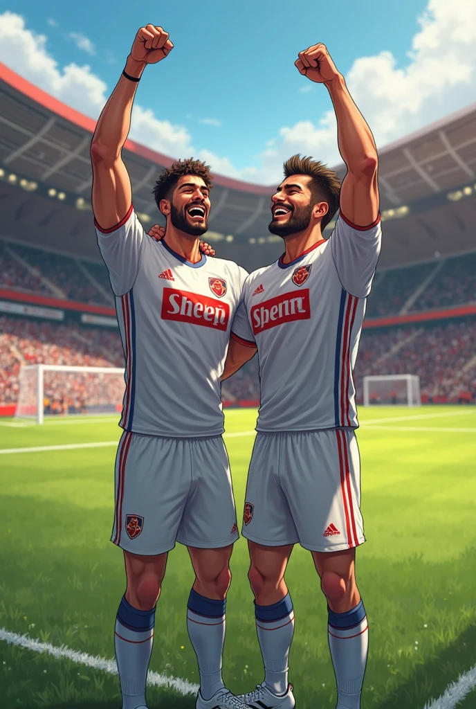 full view full body, 2 different handsome white european white young college boys with undercut clean haircuts, well-muscular, in shiny silky soccer jerseys, soccer shorts, white high pulled up soccer socks, soccer cleats, kissing in college locker room