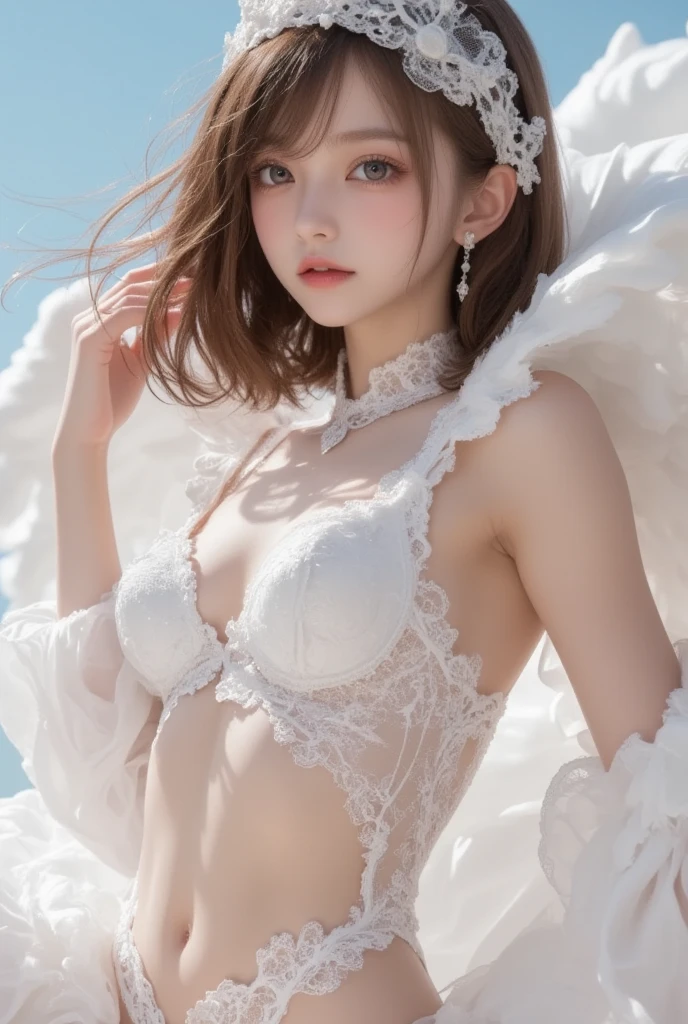 (1girl),(((Ultra Realistic RAW,)))portrait, Usikai Musimi((Goblin Slayer anime work))(model appearance:1.1), (white bra, lace panties,, narrow street, (Noboro Kanatsuki illustrator) , thiany details:1.eople watching:1.5), soft light, (cinematics:1.2), (interesting colors:0.5) , (people turned around: 1.2)