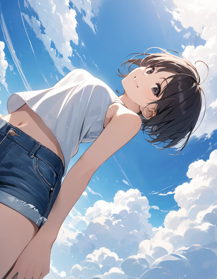 Adorable Girl . Very Kawaii , Round Face . Solo , Slim , Medium Breasts , Short Stature . Glossy Skin . Plain White T-shirt . Booty Shorts . Dynamic Pose . Dynamic Angle . No Background , White Background , looking at viewer