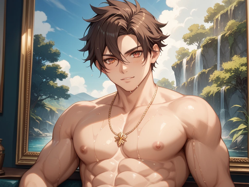 (masterpiece, best quality), 1boy，younge boy，???'s face,Children's faces，Juvenile faces，Lying on a huge amethyst stone，ssmile，adolable，infancy，Young age，Short round face，Flat chin，Pink briefs，musculous, Short purple hair with a very light color,Heterochromatic eyes in gold and purple, 复杂,Black collar， nakeness， Skinny briefs,Pectoralis abdominal muscles，cleanness，vivd colour,(depth of fields:1.2),(abs),The upper part of the body，looking at viewert，Lying on a huge amethyst stone，Asian people,chineseidol，upperbody closeup，the night，No light source