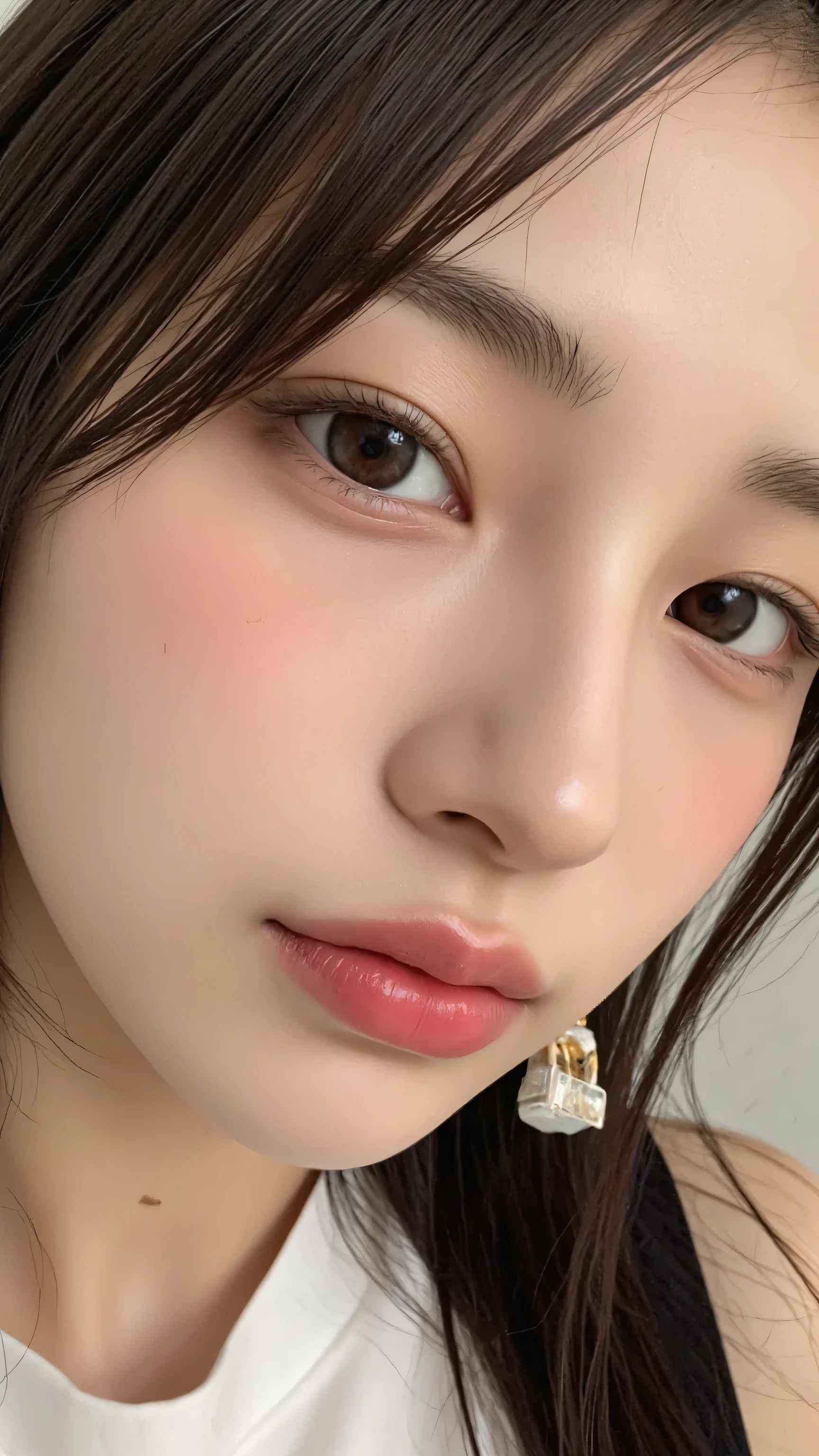 a hyper-realistic selfie of a stunningly beautiful Korean female idol, soft diffused natural light, perfect skin texture with light pores and slight glow, deep expressive eyes with catchlights, natural glossy lips, long silky black hair, slightly tousled, wearing minimal makeup, candid expression, taken with iPhone 14 Pro, slight head tilt, warm color tones, shallow depth of field, high realism, 8k cinematic portrait, emotional and elegant