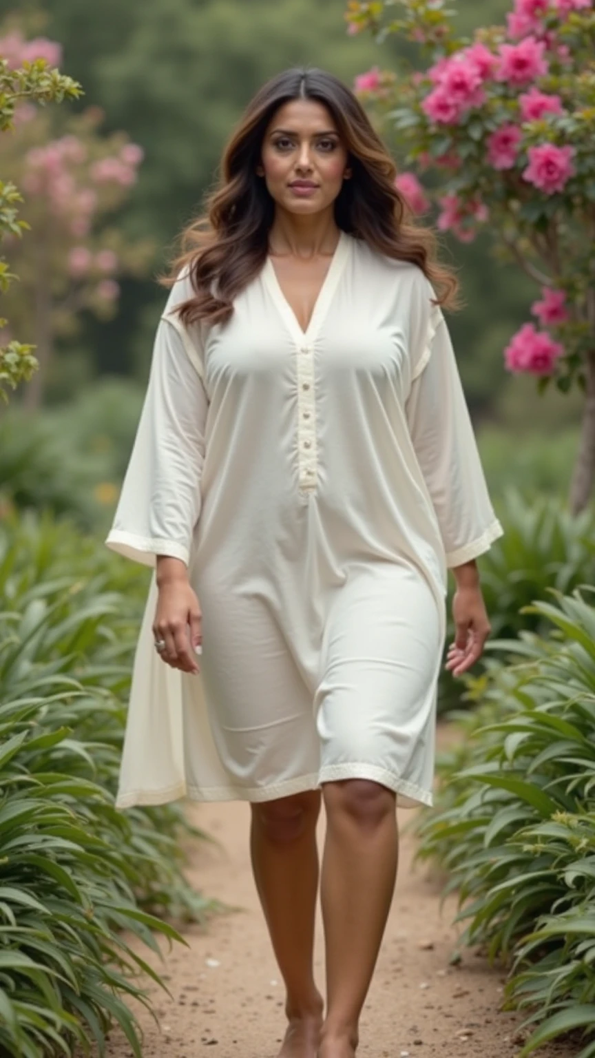 Day scene, A radiant, full-figured South Indian 3 aunty a white colour chiffon fully transparent kurta ,standing, in a office captured in a full-body image with vibrant hues and meticulous details. Full body image