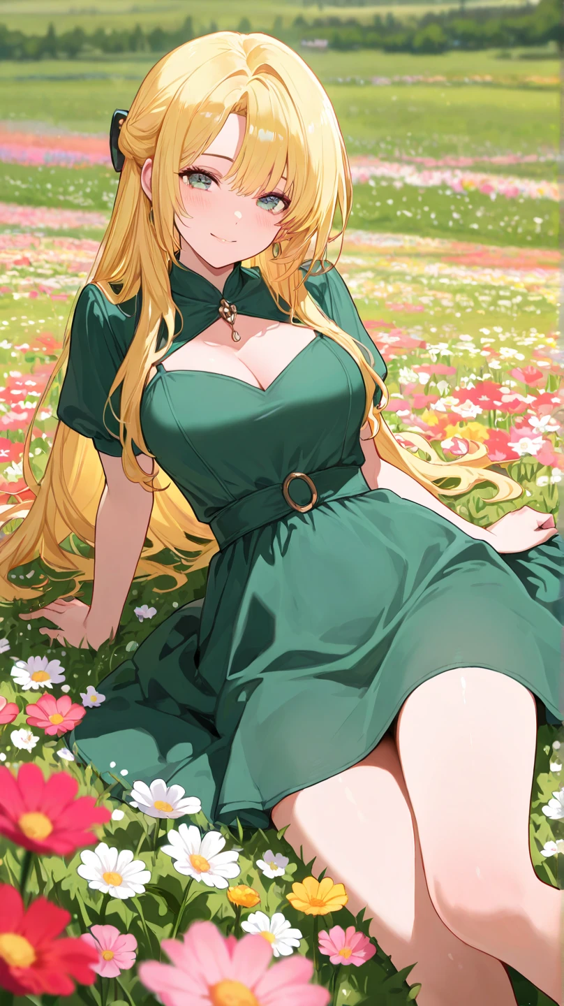 Anime female character, blonde hair, strong green eyes, very large breasts, luxurious green dress, sitting in a garden, close up, elf, soft features