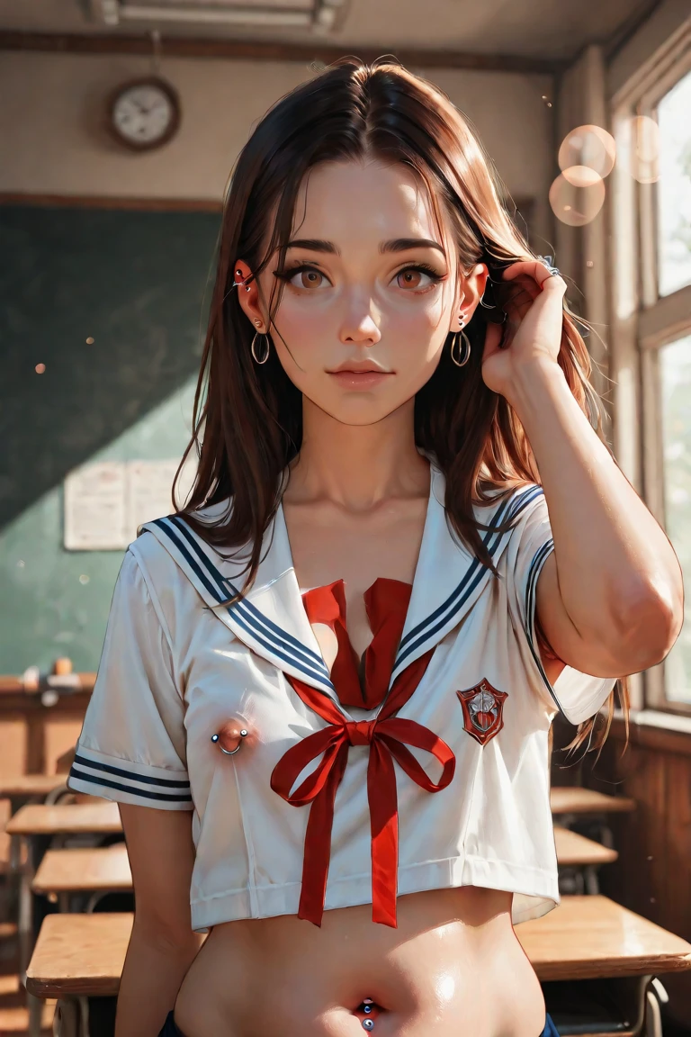 highest quality,High resolution, 8K, cute teenage girl, Cute ponytail, perfect skin, small breasts, sailor suit, In a crowded train, (low angle:1.4). (small breasts:1.4), (topless:1.3), nipples