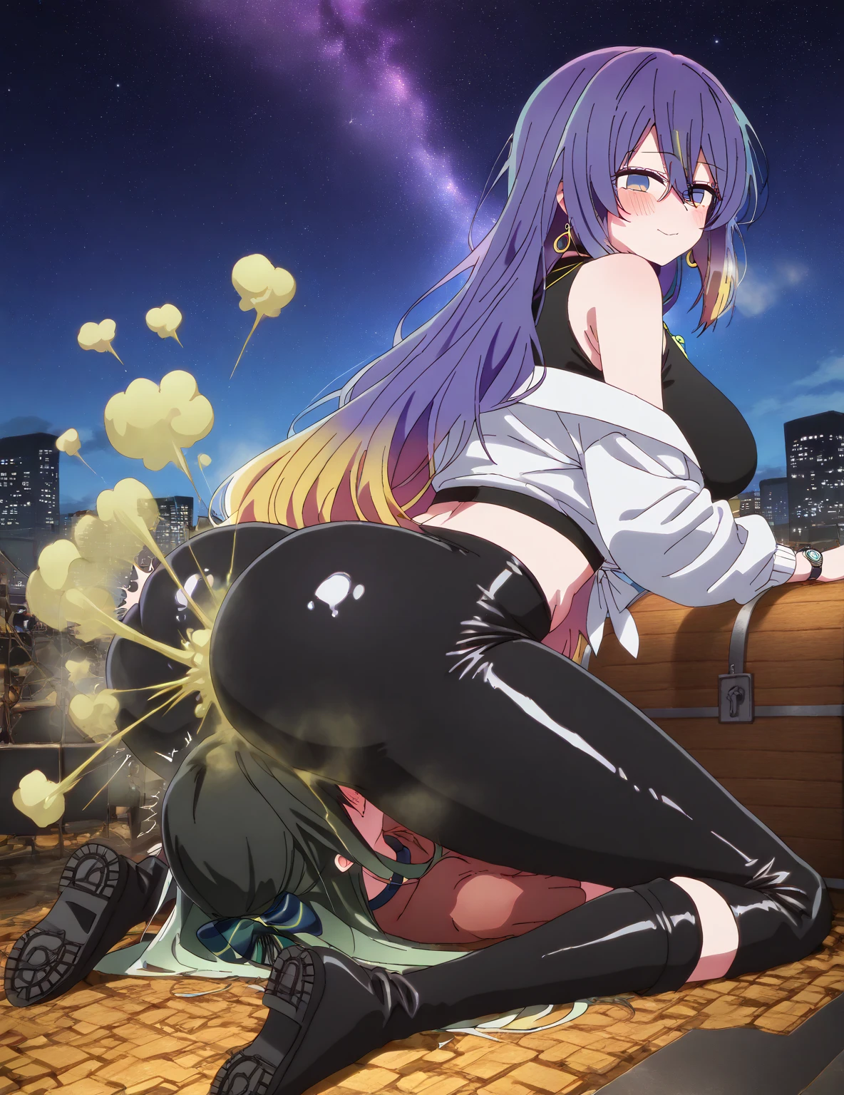 score_9, score_8_up, score_7_up, source_anime, wrnchqupgr, high quality, masterpiece, (1girl), from side, solo, , , black dress, standing sex, arm grab, black hair, multicolored hair, green hair, human-onahole, torso grab, vaginal, gigantic penis, stomach bulge, deep penetration, empty eyes, outdoors, night, stars