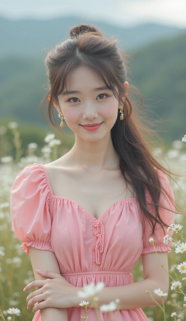 cute, アイドルのようにcute少女、Smiling Kindly、height: 150cm、Medium sized breasts、Cleavage、Forest Park、Natural light、RAW Photos、Genuine、Live Action、realism、masterpiece、RAW Photos、High resolution