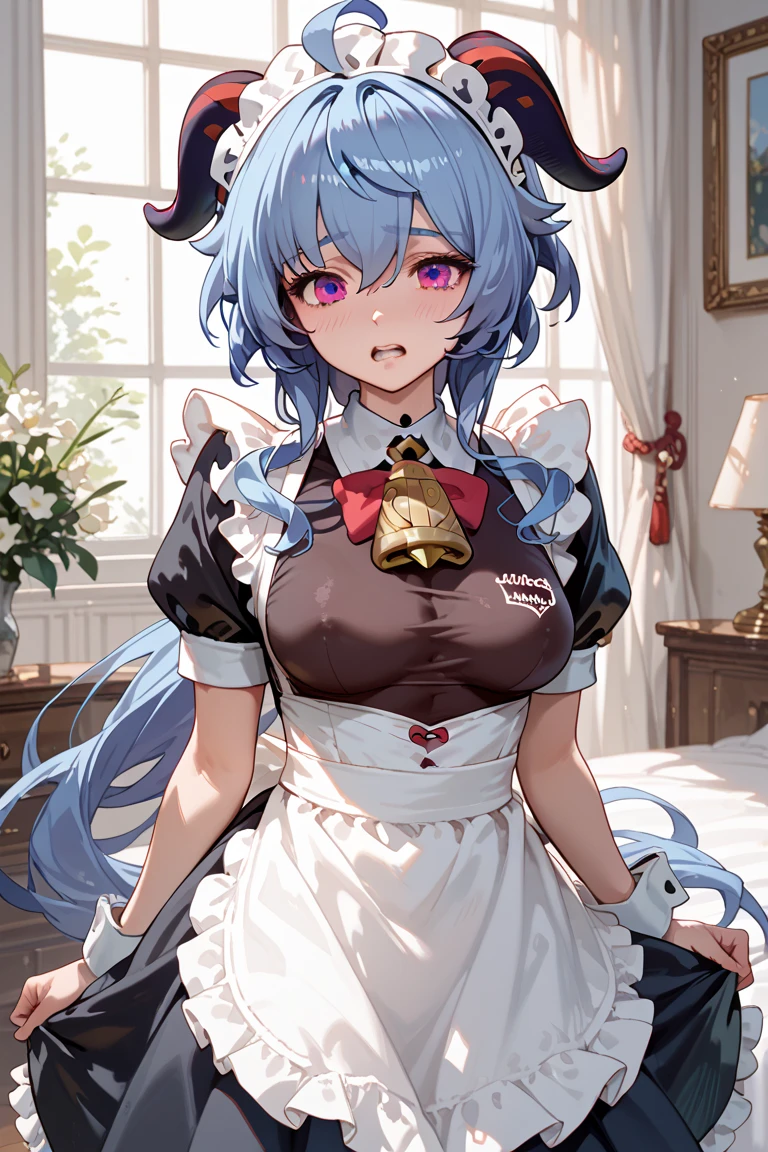 ((8K,masterpiece, best quality)),
1girl, solo, ganyu (genshin impact), breasts, horns, maid, long hair, thighhighs, blue hair, ahoge, looking at viewer, white thighhighs, holding, blush, maid headdress, apron, alternate costume, frills, cleavage, enmaided, bangs, dress, short sleeves, zettai ryouiki, black dress, purple eyes, medium breasts, goat horns, frilled dress, very long hair, standing, puffy sleeves, closed mouth, maid apron, sidelocks, white apron, cowboy shot, puffy short sleeves, simple background, red eyes, frilled apron, hair between eyes,
