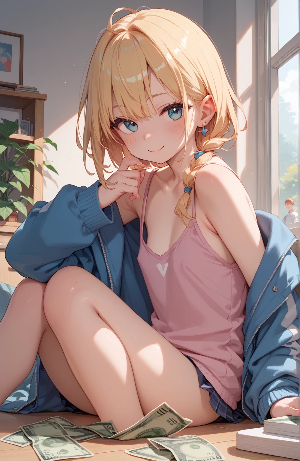 Masterpiece, 4k quality, 1girl, ultra detailed, beautiful girl with blonde hair in a bun and golden eyes that reflect the sun, short shorts that show her thick thighs, wearing a hoodie, medium boobs, gentle smile, blush, freckles on her face, pink lips, full body, bedroom background
