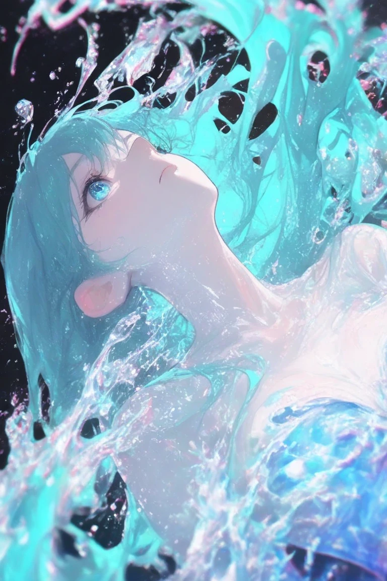  masterpiece, top quality, Good quality, very beautiful, very high resolution, Newest, 8k, depth of field, focused subject, 
Dynamic Angle, Dutch angle, 1girl, Woman,  flowing hair , Long Hair, aqua hair, Splashes of color ,
ckym, blue reflective light for style,