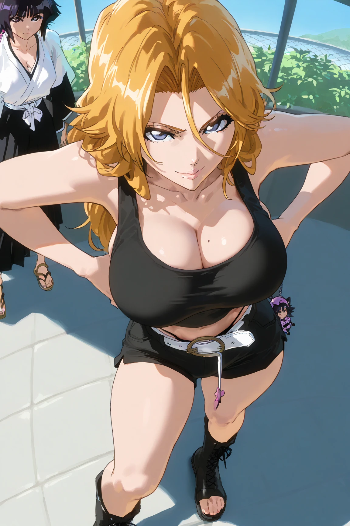 ((best quality)),((highly detailed)), masterpiece, absurdres, detailed face, beautiful face,(detailed eyes, deep eyes),((dynamic pose)), 1girl, Mimosa,, long hair, boots, orange hair, green eyes, wavy hair, blunt bangs,large chest, large butt,looking at viewer, tank top, dolphin shorts, anime, closed_mouth, night sky, beach, arms behind head, spread armpits, contrapposto, (cowboy shot:1.5), smile, wet armpits,saliva,mouth