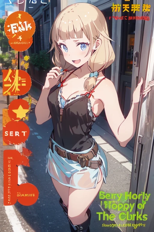 (small breasts:1.2), (perky chest:1.2), (pointed chest:1.2), (Pudding cake magazine cover:1.3),(from below:1.0),(shoot from the side:1.1),masterpiece, 1girl, Amazing Cleavage:1.1, thin waist, optimum,tmasterpiece,hight resolution,best qualtiy,hyper HD,super detailing,awardwinning,a 18yo cute girl,(The upper part of the body),anatomy correct,Beautiful Black miniskirt,garters,Gaze,Small face,bangss,holster,Beautuful Women,hands up,leg holster,Gaze,black boots,Cowboy Shot,cute face,a blond,Longhaire,Twin-tailed,Braids, Hairline,（scarlet eyes）,long eyelasher,Hanging eye corners,White skin of the, ((see through camisole:1.1)), ((Sheer nipples:1.0)),Rocket Tits,(Slim body),smile,seductive weak smiling,(with sparkling eyes and a contagious smile),little open mouth, Looking at Viewer, 