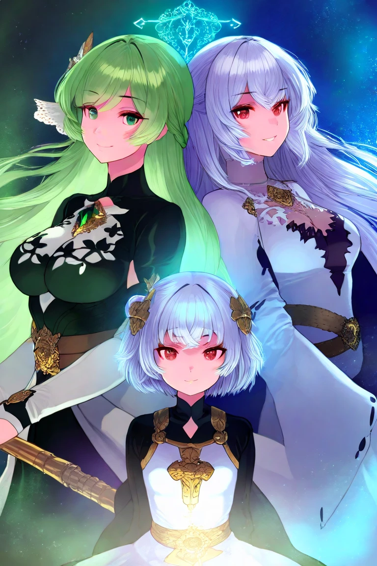 Masterpiece, 4girls, each dressed as a maid. The maids are wearing identical uniforms, beauty and cute, high detailed, dinamic lighting, vivid colours, big breasts, massive cleavage exposed, A giant spacecraft navigating interstellar space, Sophisticated design, huge geometric figures stacked in layers,standing, white skin, blue eyeballs, blonde hair, happys, various hair styles, harem, perfect eye, perfect face, Symmetrical eyes, well-aligned, with a natural and proportionate gaze, Observing their master with a servile gaze, elfs, In the background are spaceships, red lips