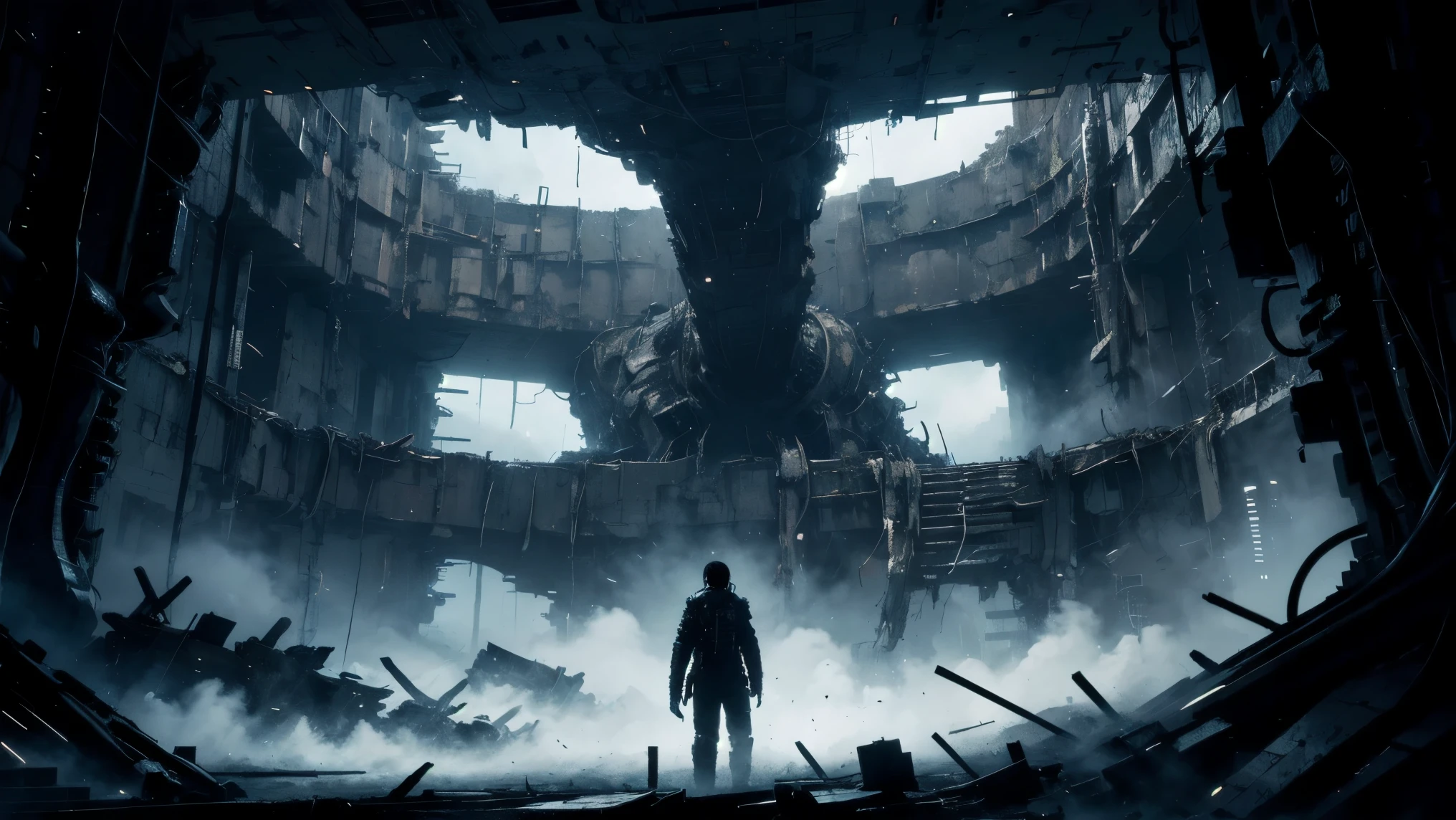 24mm lens,blame, tsutomu nihei, by tsutomu nihei,movie,panoramic, A huge biomechanical body,Mouth stitching、eye mechanization,has three humanoid characters standing on the front platform,standing on the front platform,The middle is a bald man,with thick robotic arms and cables,The overall atmosphere suppresses horror,Heavy ink,The background is an industrial sci-fi wall,Structural corrosion and aging,Some cables emit a faint golden glow,Surrounded by distorted pipelines and metal ground,The left and right are alien-shaped humans with the lower body like a cocoon of bugs {x} The design style is full of biological senses and technology,style, inspired by two bottles《BLAME!》Inspiration,, strangely surreal。Scary sci-fi atmosphere, dim light ,Feeling strong feeling,rich in details,ultra-detailed illustration, monochrome palette with red highlights, cinematic lighting, high contrast shadows, ink-style rendering