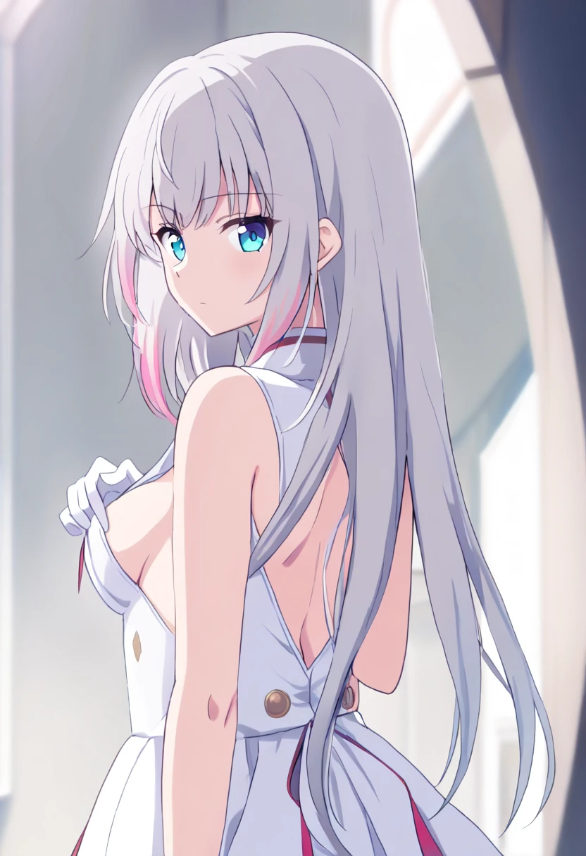 white hair, Short skirt, cleveage, Medium breasts, nude:1.3, long hair, Thin legs, Emilia, beautiful eyes, sunny,