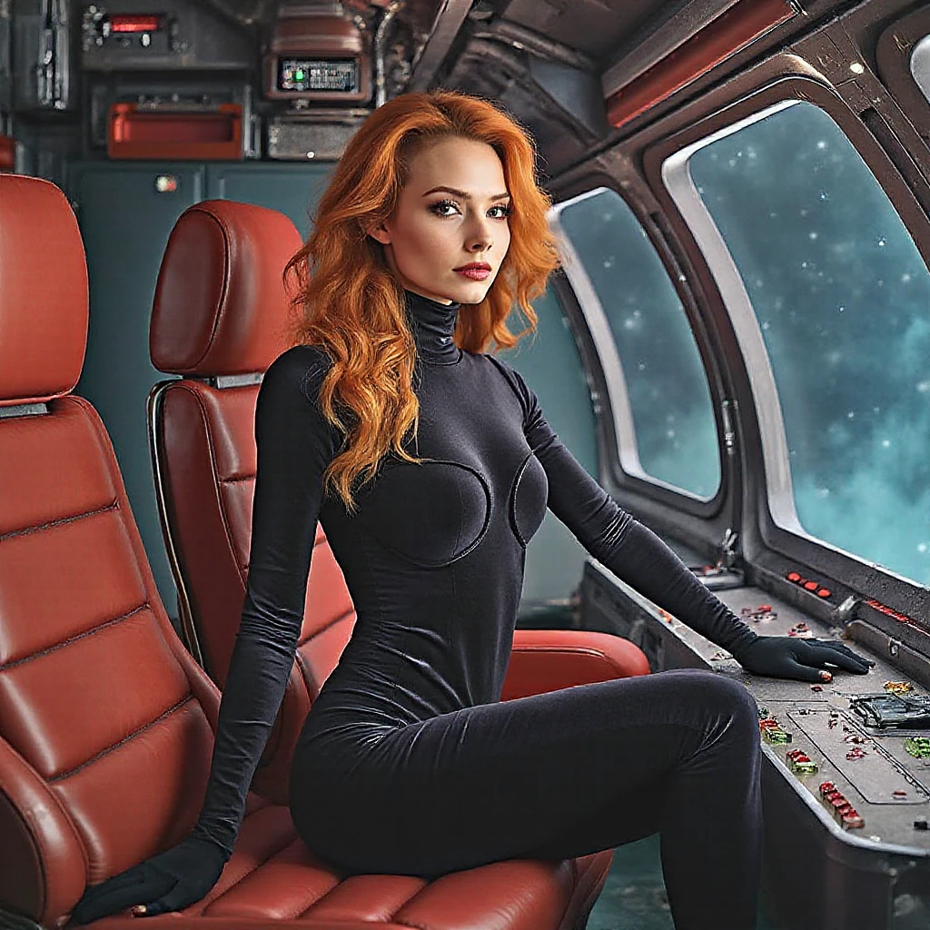 High-quality acrylic painting, VIVID COLORS, lateral point a view, a beautiful woman with brown curly hair, looking at the viewer with suspicious face and a shy smile, red lips, she wears black ultra-sheer BODYSTOCKING, HIGH TOP BOOTS, in a command chair in the cockpit of a spaceship