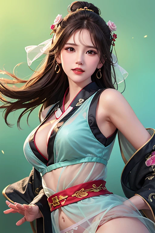 (Highest quality, 8k, masterpiece :1.3), Handsome woman with perfect figure and long hair :1.4, Zhongli, Zhongli, Dark brown hair, Swollen breasts, Genshin Impact, On the Ruins, In the hands of a gun, Highly detailed face and skin, Detailed eyes, double eyelid
