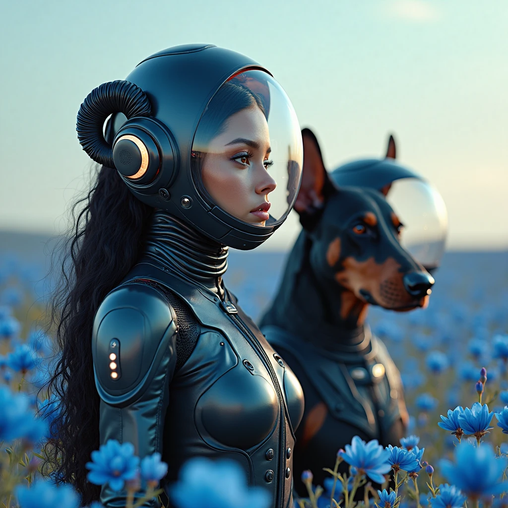 Robot helmat and sun with dog
