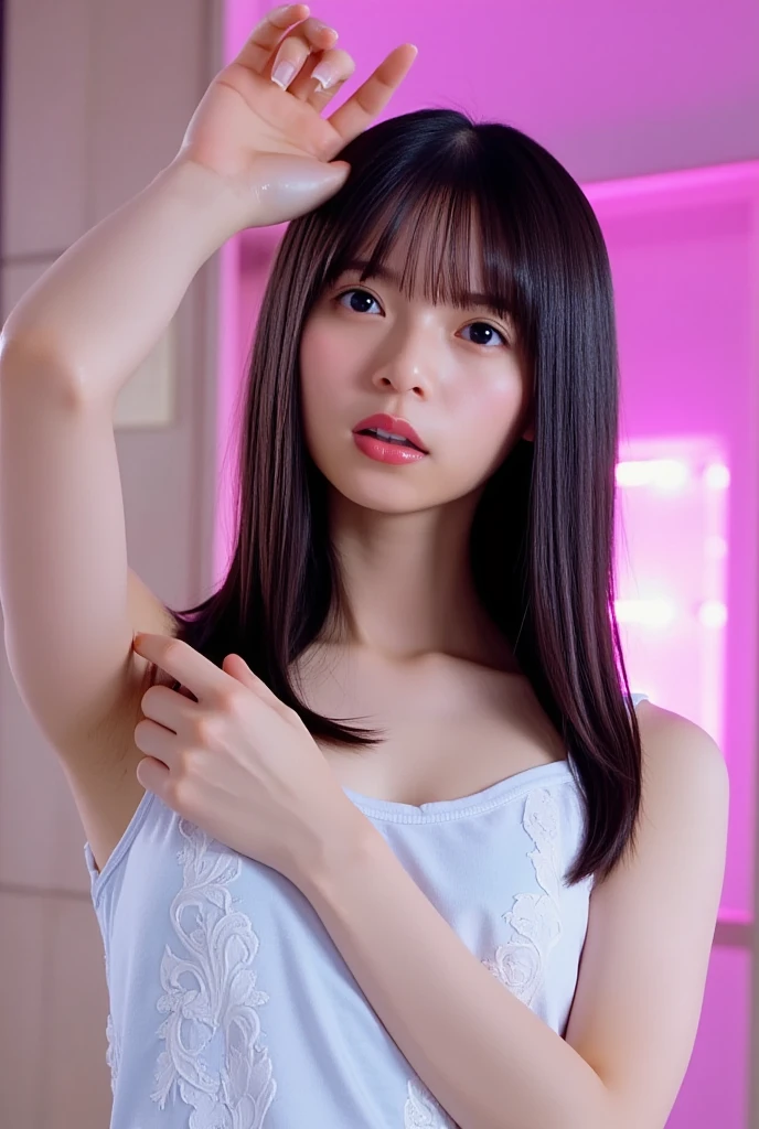 (neon Lighting, at neon color bedroom, 1 girl, , full , medium bob hair, brown hair, all four:1.5), fair-skinned, glossy lips, skinny, body type, delicate and  clavicle, highest quality, RAW photo, realistic, face, incredibly ridiculous beautiful girl, cute, Depth of bounds written, High resolution, ultra detail, detailed, Very detailed, extremely detailed eye and face, sharp pupils, sharp focus