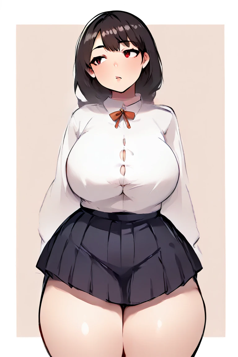 high res, ultra realistic 8k CG, unparalleled masterpiece, absurdres, Takarada Rikka, blue eyes, white long cardigan, white shirt, black skirt,red bow, white panties, curvy, nallow waist, Voluptuous lower body, (thick thighs, plamp thighs, voluptuous thighs), huge breasts, cleavage, (wide hip),  ((simple background)), from side, leaning forward,