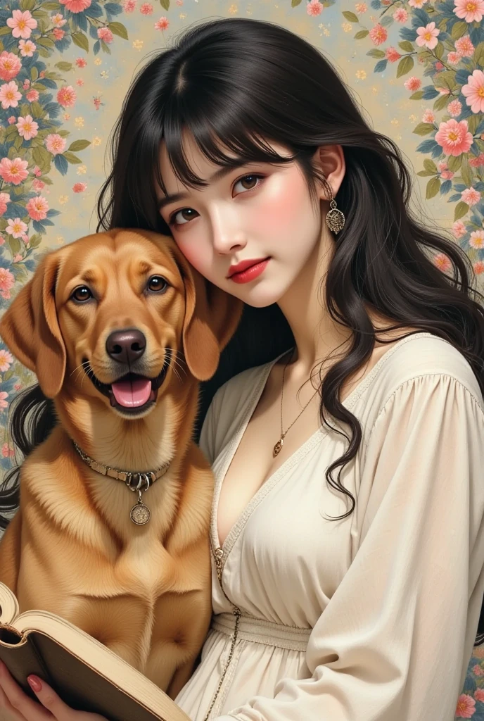 8k, Mature and elegant Japanese woman, 55 years old, Married women, Delicate features, Long eyelashes, Sparkling eyes, Low Ponytail, Red lipstick, Rosy Cheeks, eye shadow, Attractive lips, Hug a Dachshund, (Highest quality,8k,High resolution,masterpiece:1.2),