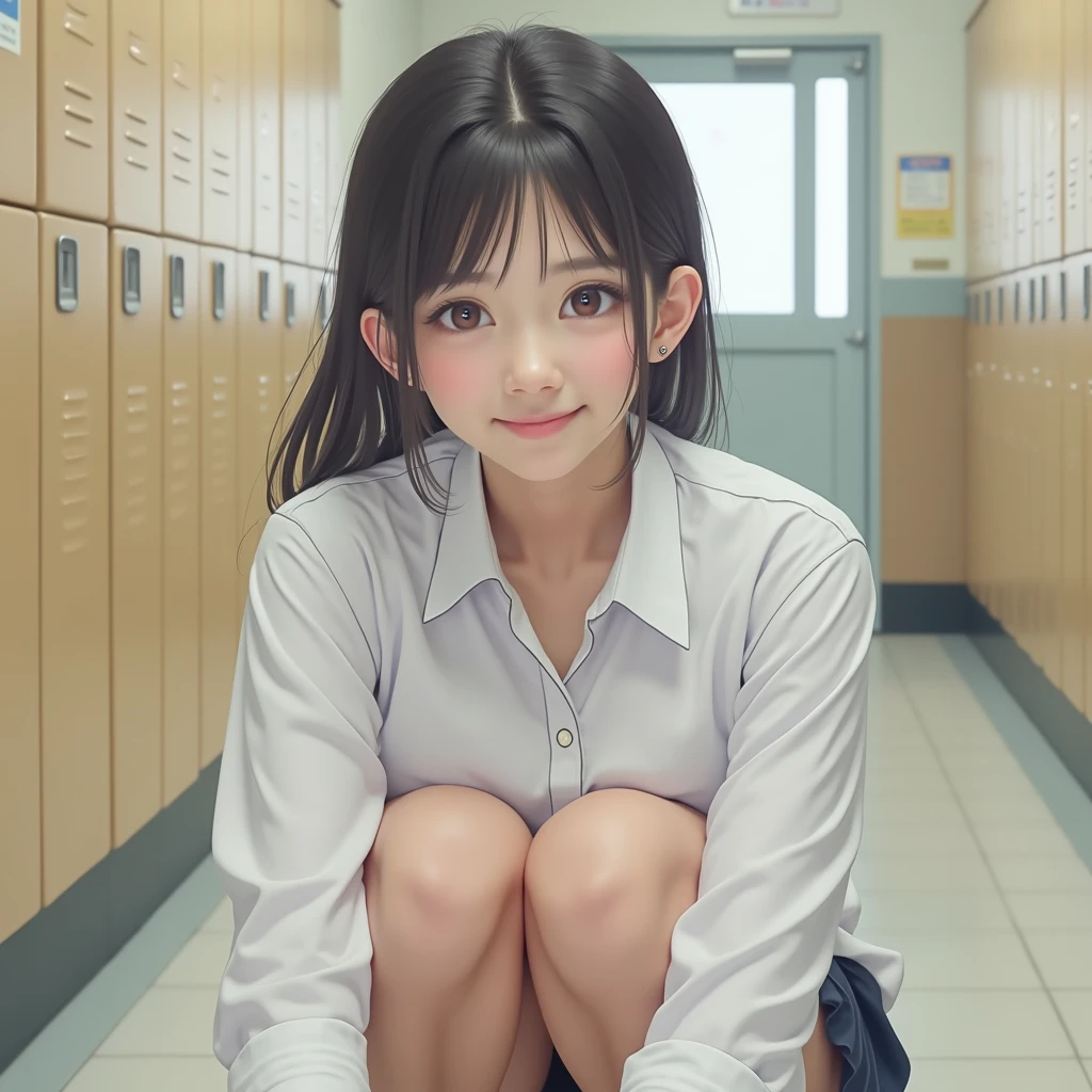 Risa, black haired japanese girl, sitting nude in classroom , cute, beautiful, realistic style, highly detailed, 4k, look at camera, face close-up, (NUDE), highly detailed face, seductive, creative picture angle, legs up, ((focus on face))