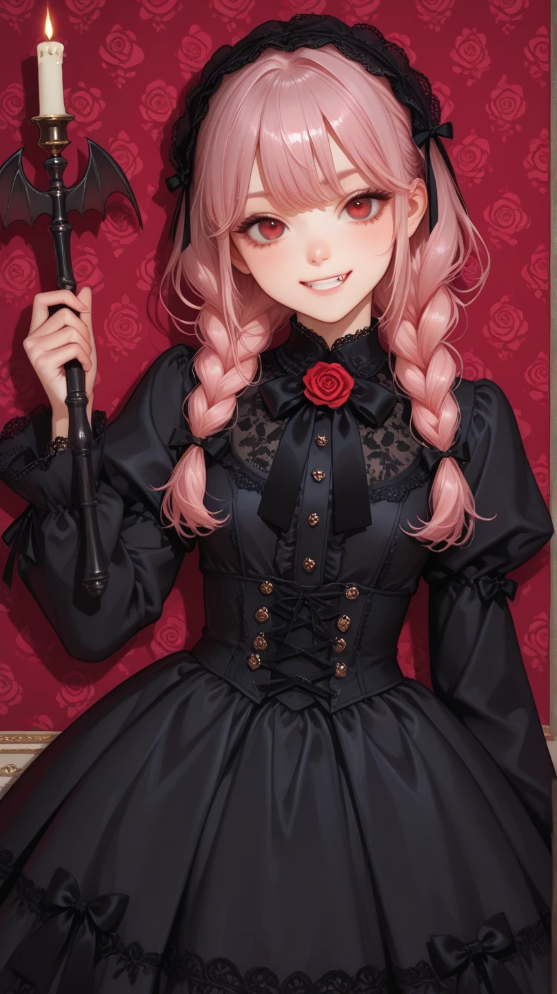 best quality, high detailed, Faint lips,UC:realistic, cinematic lighting petite 1girl pink hair coral eyes, seductive kind smile school_Uniform, extremely detailed character, (an extremely delicate and beautiful), solo focus, straight-on, dramatic angle, depthoffield, ((cinematic lighting)) ((character (expressionless languorous cute, beautiful detailed eyes lower eyelashes eyelashes wavy hair, intricate:1.3 ((Gothic Lolita)) ((Frilled)) Headdress, bowknot, (((hair ornament))), [hair flower], eyeliner skindantation black fishnet_pantyhose, garter straps, Lace, cross-laced footwear, frilled blouse ribbon-trimmed sleeves))), bloomers [background(building architecture, stained glass ((gothic architecture)) church, (castle), [fantasy])] stained glass candlestick chain iron prison, St. Peter's Basilica, vachican