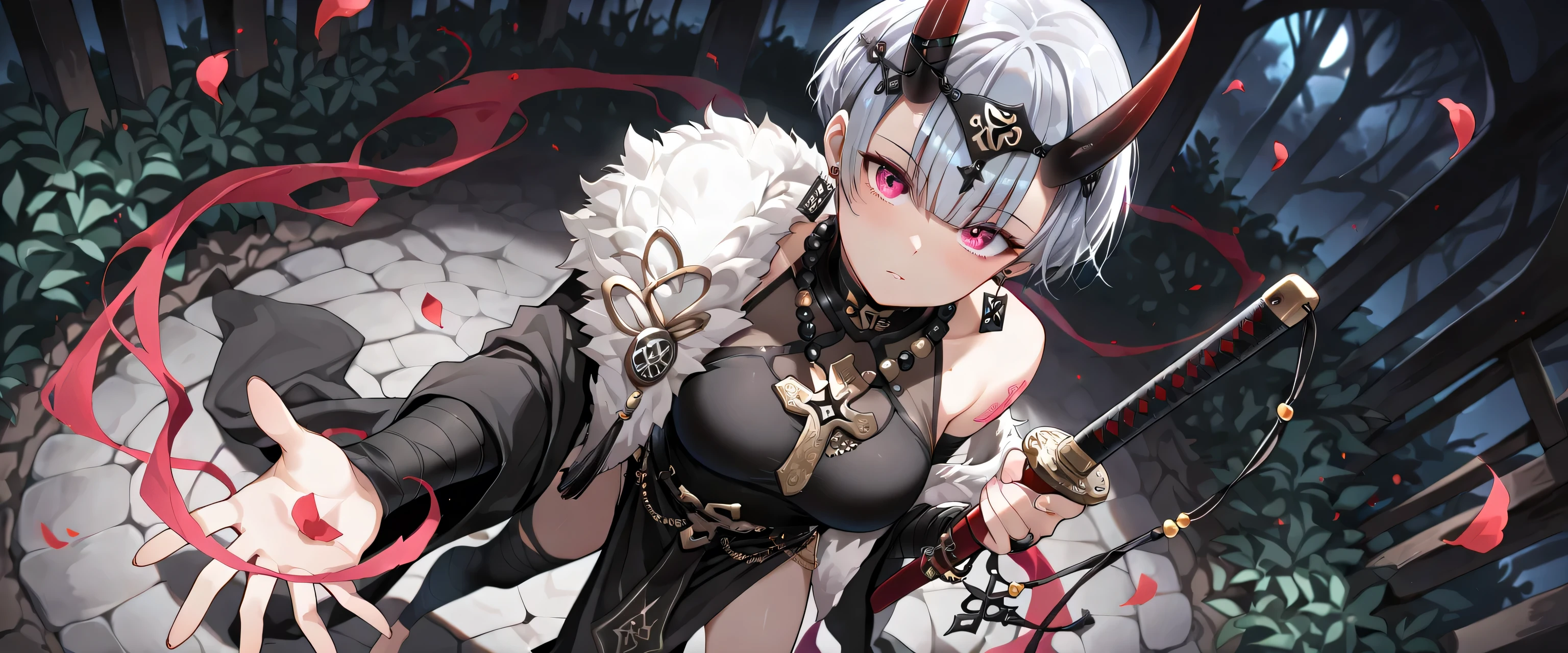 ((masterpiece, best quality, ultra detailed, high resolution, beautiful detailed face, beautiful detailed eyes, perfect hands, 4K)), (1 woman, solo), oni, one cute horn, (medium breasts), (girl with short pixie cut, straight bangs, soft layers, neat around ears and nape, silver platinum hair), ( wear a mustard pink ceremonial robe decorated with colorful embroidery and a fur shawl over one shoulder. Her hair is styled in long braids adorned with yellow beads, and she wears a traditional headpiece with dangling ornaments over her forehead. She has large round earrings and a layered black beaded necklace. She holds a golden prayer wheel in her hand). She is wearing a delicate silver necklace with a small pendant. Her pose is playful and confident, as if caught mid-dance), black bandaged_arm, black bandaged_leg, barefoot, standing , Hold a katana in one hand and a sheath in the other, legs apart, looking at viewer:1.3,eye-level and over-the-shoulder shots, mid eyes level angle, A young woman is drawn in a 3/4 view, facing slightly to the right. Her left eye is fully visible, while the right one is partially hidden due to the angle of her head. Her nose bridges slightly out from the center, and the mouth follows the curve of the jawline, subtly indicating the perspective. a dark mysterious swamp filled with white spider lilies, ethereal mist floating above black water, glowing red petals, melancholic atmosphere, cinematic lighting, fantasy landscape, detailed environment, ornamental black lotus tattoo on mid chest,
