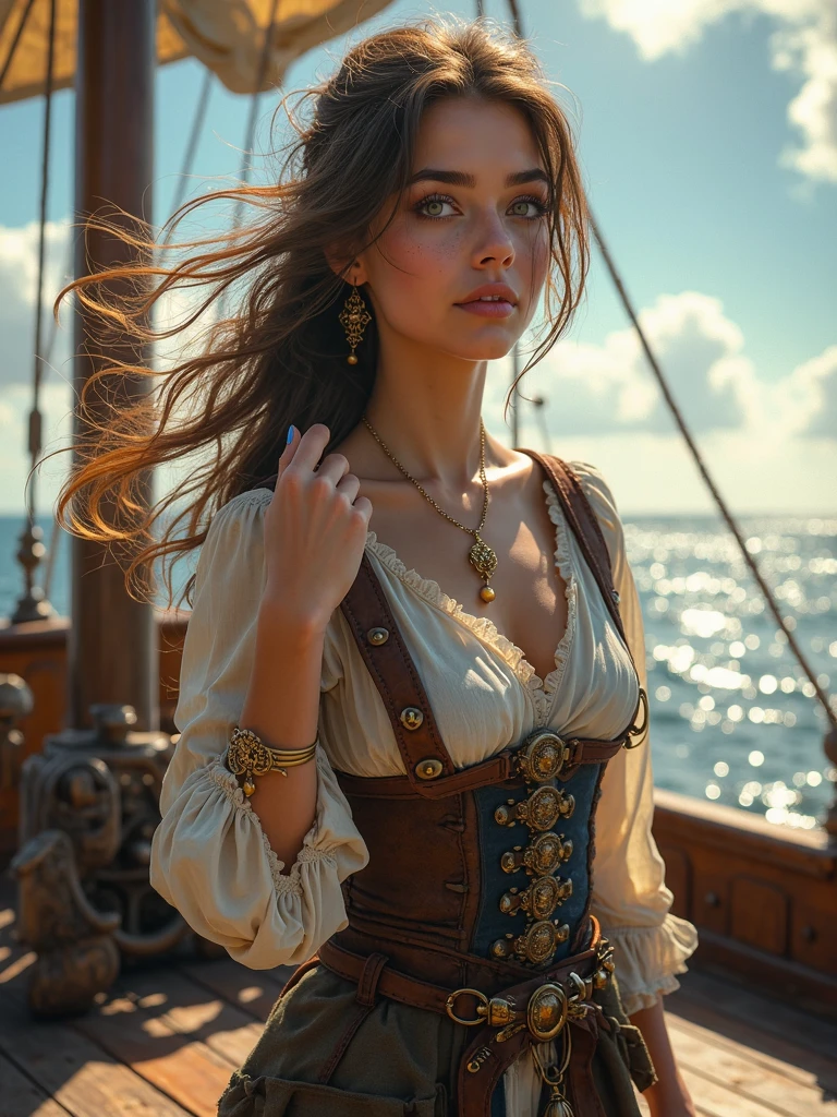 A stunning pirate girl stood on the ship with a lovely expression ...