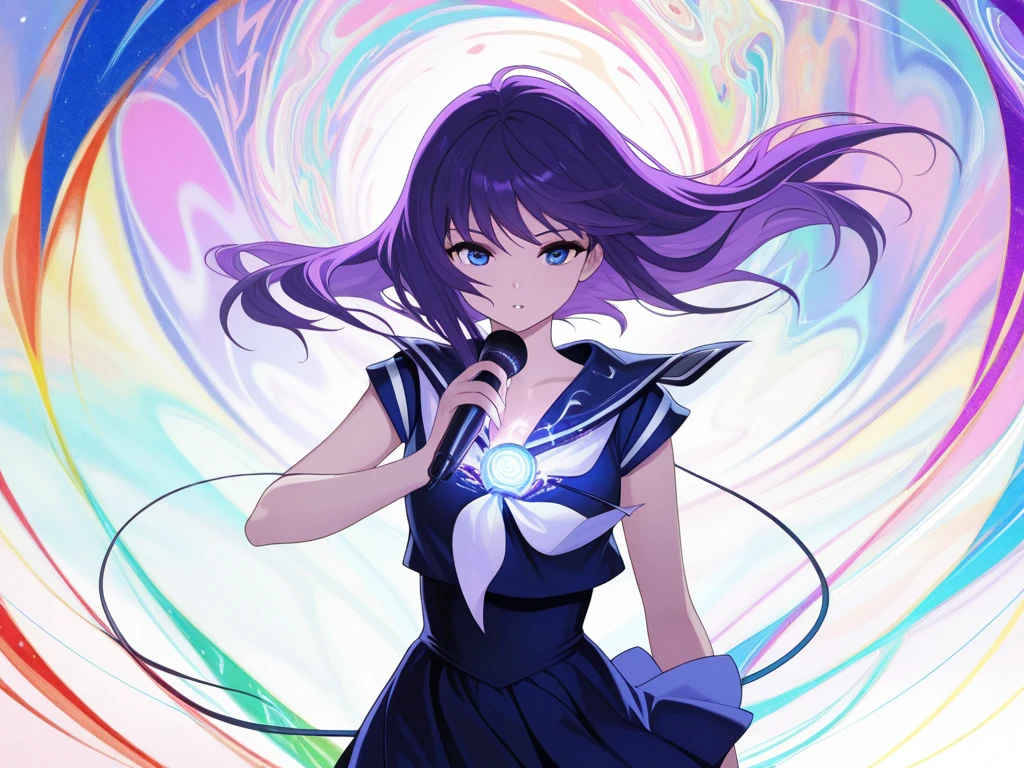 Woman, plum, creative design, Blue hair, danganronpa style, thick lines, full-body portrait, detailed face, Blurred background, anatomically correct