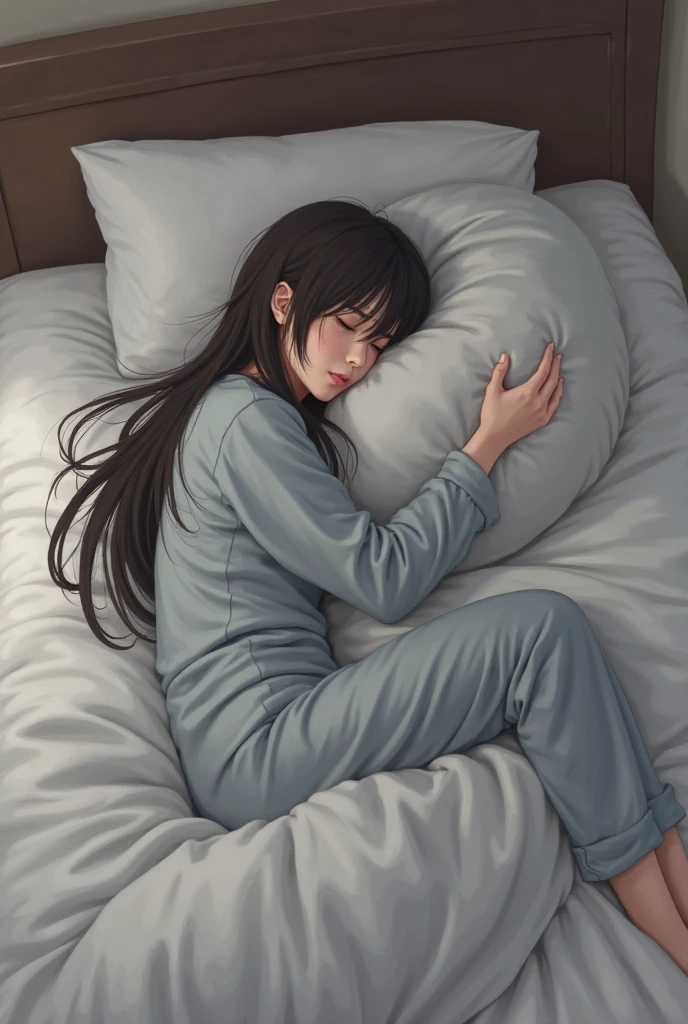 Refreshing morning light, iridescent highlights, A cool woman around 25 years old, sleepy、 Sleeping on white sheets,Navy blue long hair, Wearing a baggy T-shirt