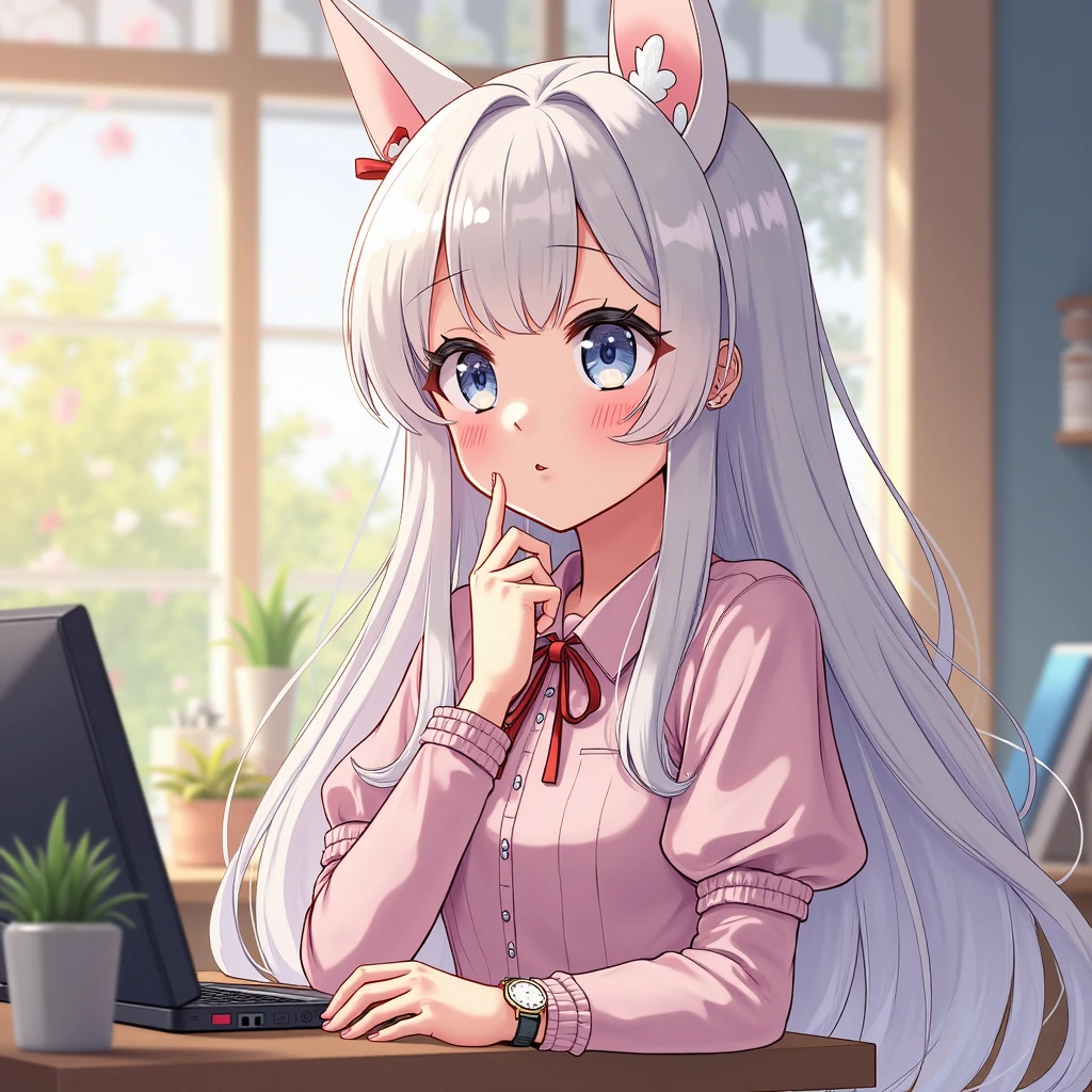 NSFW,masterpiece,Highest quality,High resolution,Super detailed,Shirakami Fubuki\(Hololive\),Gray Hair、One-sided braid、Ahoge、Earrings,Fox ears,Fox tail,nurse,Pink Nurse Uniform,Nurse cap,Stethoscope,Embarrassed,blush,Expecting face,Bewitching Smile,Sexy look,hospital,Examination room,desk,pc,Chair,(Seduce),Cleavage,examine,Chairに座っている,From the side