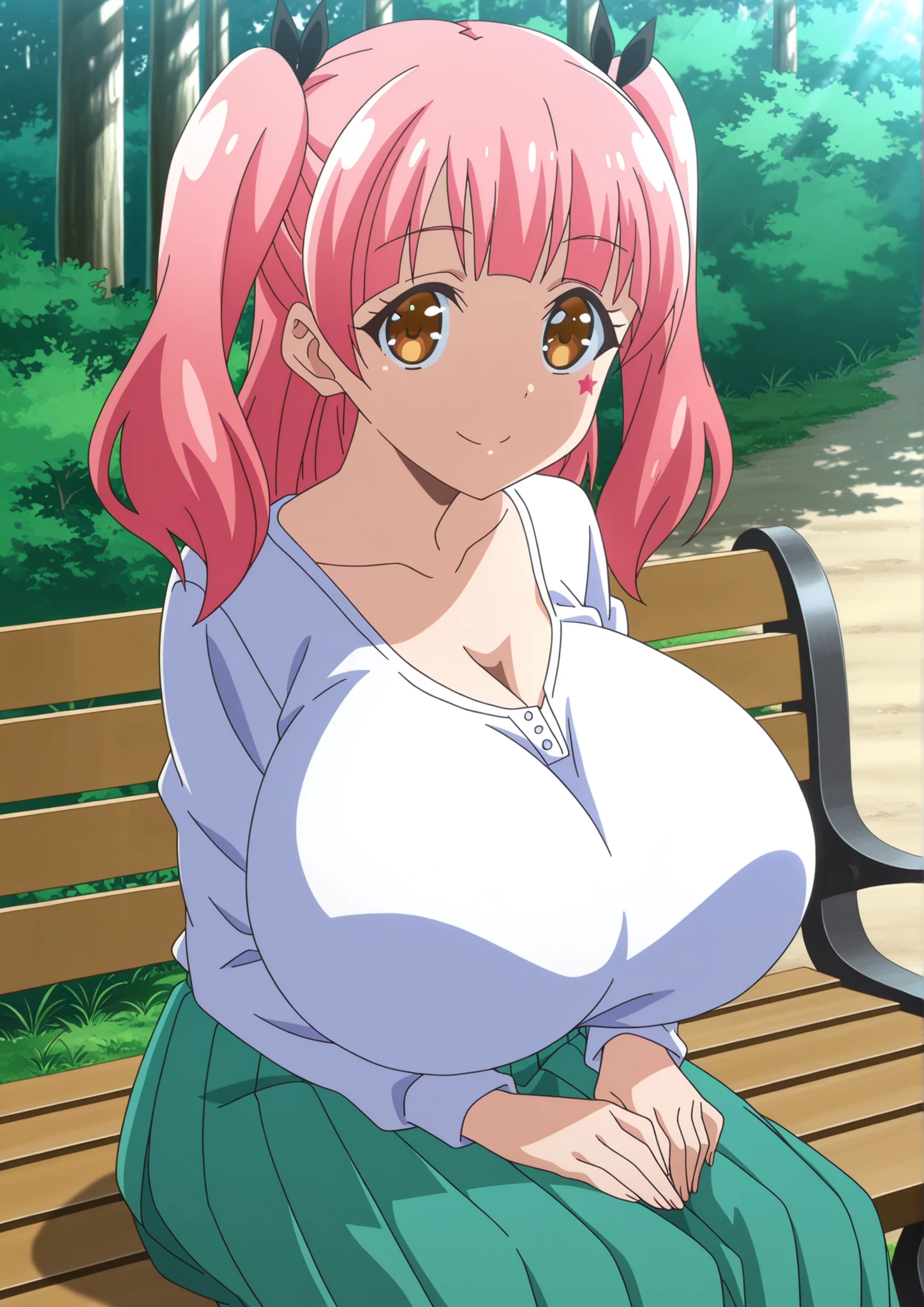 (very_aesthetic, best_quality, high_resolution, ultra_detailed, anime_screencap), 1 girl, solo, Nene Fujinoki (Hajimete no Gal), nene's pink hair look, pink hair, two side up, hair ribbon, black ribbon, star facial mark, perfect hair, brown eyes, detailed eyes, loving smile, white beautiful skin, gigantic breasts, collarbone, sitting on bench, hands on lap, looking at viewer, tall, slim body, feet out of frame, long sleeves, scoop neck ribbed white T-shirt, pleated aqua skirt, long skirt, outdoors, day, forest, trail, sunlight