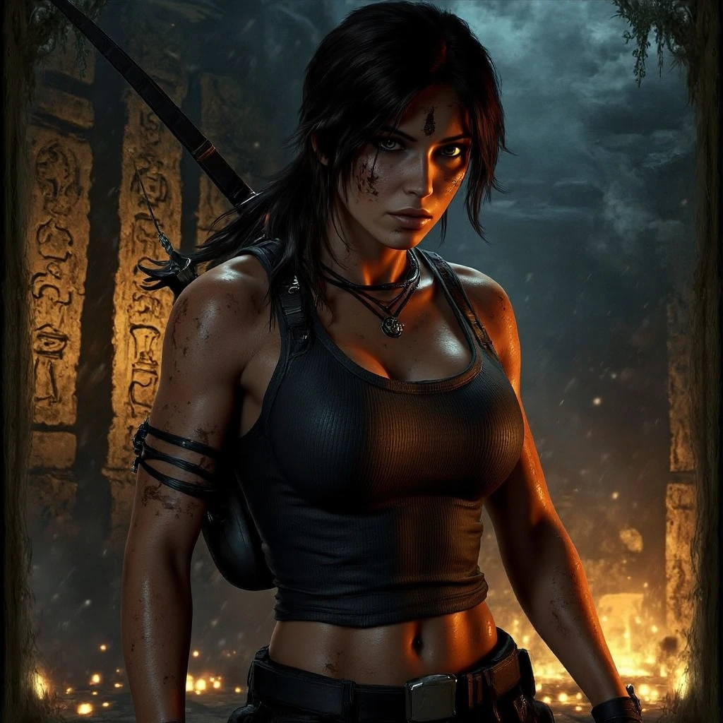 sks woman, (heroic portrait), as lara croft tomb raider, masterpiece, realistic, (detailed eyes), highly detailed, dramatic lighting, movie poster, beautiful woman, hero