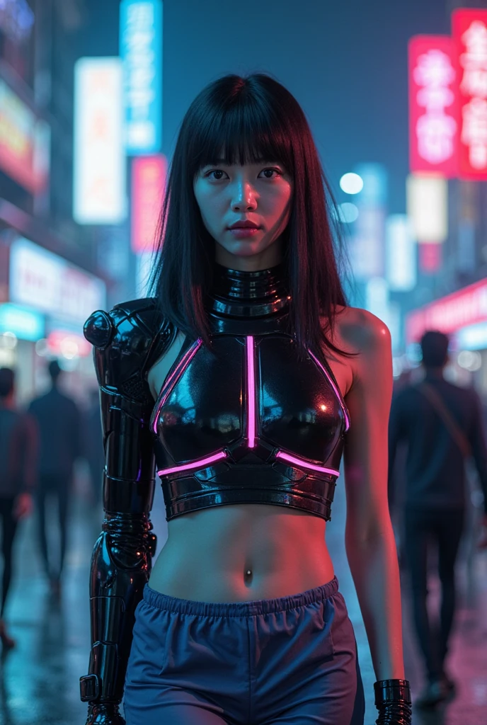 cyberpunk Indonesian girls standing together, Harajuku inspired cyberpunk body harness, bold colors and patterns, eye-catching accessories, trendy and innovative hairstyles, dazzling Cyberpunk cityscape, skyscrapers, shining neon lights, LED lights, anime illustrations, detailed skin textures, detailed fabric textures, beautiful face details, intricate details, highly detailed, cinematic lighting, strong contrast.realistic,4k,hd