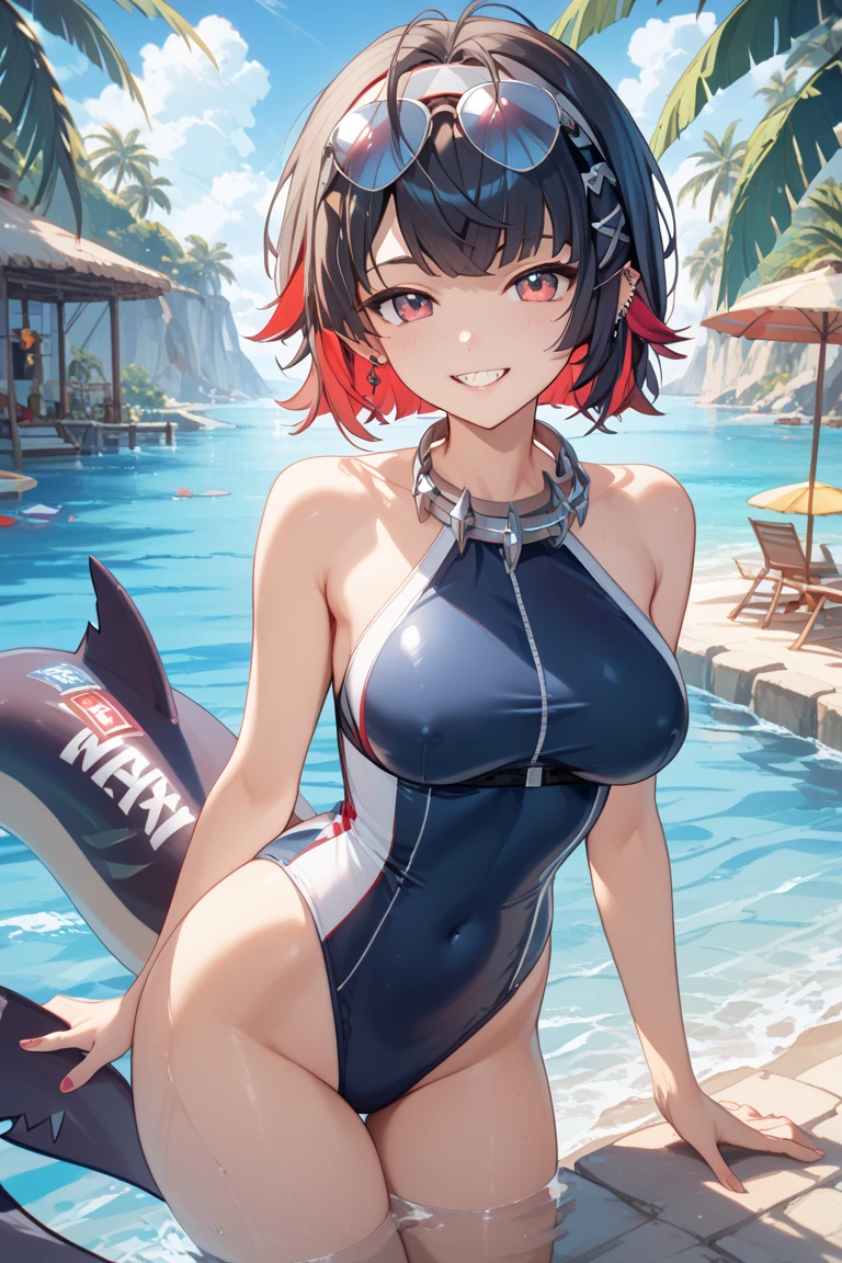 (best quality,4k,8k,highres,masterpiece:1.2),ultra-detailed,realistic,beautiful detailed eyes,beautiful detailed lips,extremely detailed eyes and face,longeyelashes, red swimsuit,green hair, short hair,big eyes, blue eyes,red mecha headgear,small breasts,smiling,piscina,sharp focus,vivid colors, full body in frame