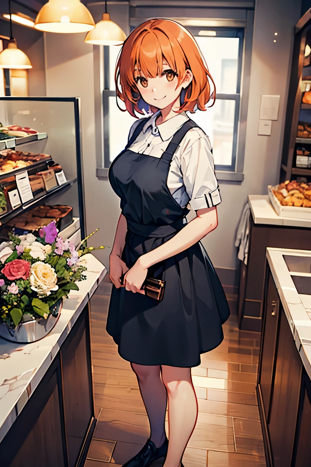 orange bob hair、brown eyes without goods、petite、young、Big Breasts、Full Body、One person、Smiling、かわいいFloristの店員、Florist、across the counter、front、high quality、4K、8K、high resolution、masterpiece、Super Detailed、Studio Lighting、extreme detail、professional、vivid colors、