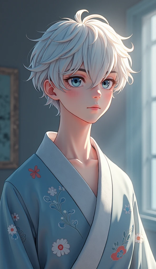 3d, 1boy, 10yo, looking at viewer, cute, 8k, best defention,white hair, spiky hair, light blue eyes, home muji style, japanese traditional style yukata