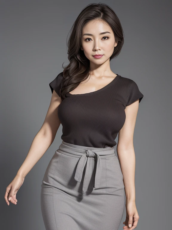Bare shoulders with ((naked breasts)), (brown nipple) ,red slit skirt