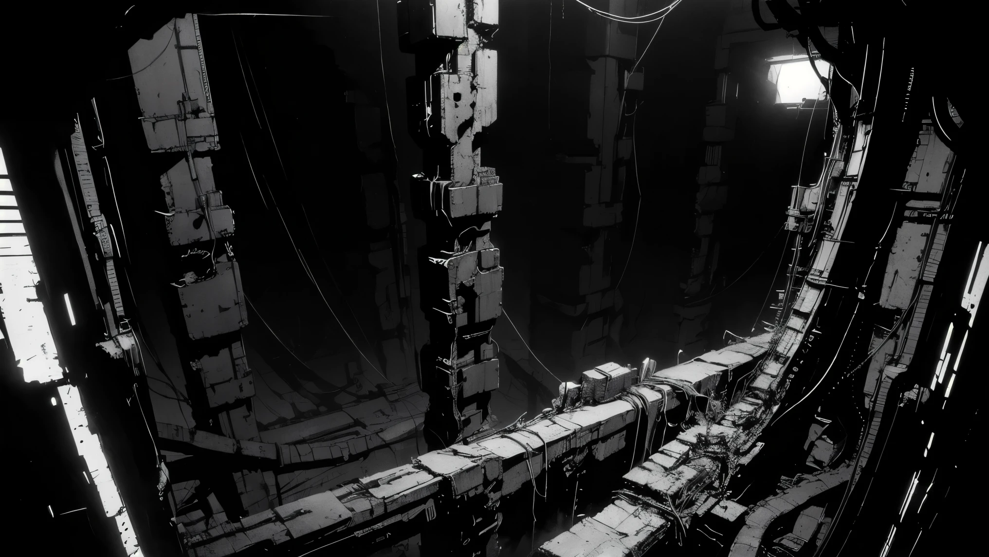 35mm lens,blame, tsutomu nihei, by tsutomu nihei,movie, A dark underground biomechanical core scene，The center is a column wrapped around vines，Structural corrosion and aging，Some cables emit a faint golden glow，Surrounded by distorted pipelines and metal ground，The left and right are alien-shaped humans with the lower body like a cocoon of bugs {x} The design style is full of biological senses and technology，Scary sci-fi atmosphere， dim light ，Feeling strong feeling，rich in details，ultra-detailed illustration, monochrome palette with red highlights, cinematic lighting, high contrast shadows, ink-style rendering


