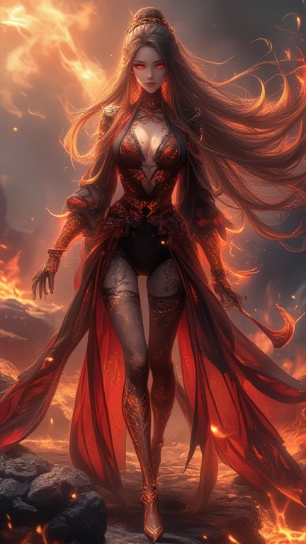 (masterpiece,top quality,best quality,official art,Beautiful and beautiful:1.2),Scene depicting Goddess of War in hell with horned red burning demon,She is a great giant,she is a lovely princess,she is a strong warrior,flame,lightning in sky,magma,At the foot of the mountain,mountains in the distance,(theelementoffire:1.4),现实的flame,Highly realistic,correct anatomy,full-body shot,convex,cute big breasts,violent house,,Plum,longing unsatisfied,only genitalia, camel toe,Sexy gesture,,Sex huge breasts cleavage, onlyfoot,Sexy gesture,fist to flesh,(Zentangle,mandala,tangled,entangled)(Hairy and fleshy,only ,),married woman,熟妇,delicate face,美丽delicate eyes,correct anatomy,Detailed face, delicate eyes,Divine light,gold foil,gold foil艺术,Deep background,absurd,marvelous and unbelievable,epic work,(intricate details,Ultra-detailed:1.2),Super real photos, epic reality, ((neutral color)),(pastel colors:1.2), surreal, + lens + dynamic composition, Extremely detailed, sharpen, Normal, warm light, Light effect, dramatic light, (intricate details:1.1), complex background, (greg rutkovsky:0.8), (black and red:0.4),
