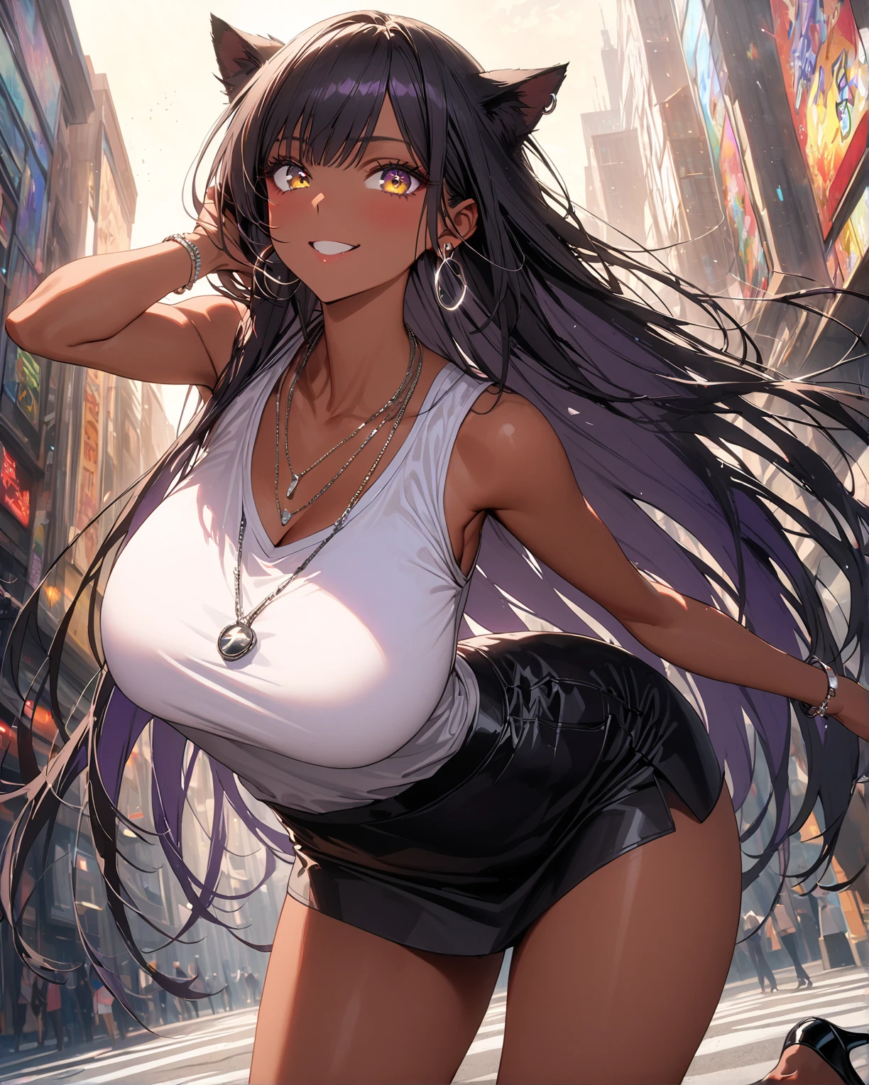 (masterpiece), best quality, highly detailed faces, (SHARP details), 4k, highly detailed, expressive eyes, SHARP detail expressive eyes, (SHARP detail perfect face), ((dark skin)), (bunny ears), (viera), ((black hair)), (choker) amber eyes, long hair, ponytail, wild tomboy hair, (large breasts), smiling, standing, (wearing tight white tank top), 20 years old, ((wearing tight cycling shorts)), ((solo)), nice hips, curvy, (((view from front))), , tall woman, outdoors, road, (cameltoe), midriff, big ass, crotch, ((sweat)), cleavage, (sweaty armpit), raised arm,