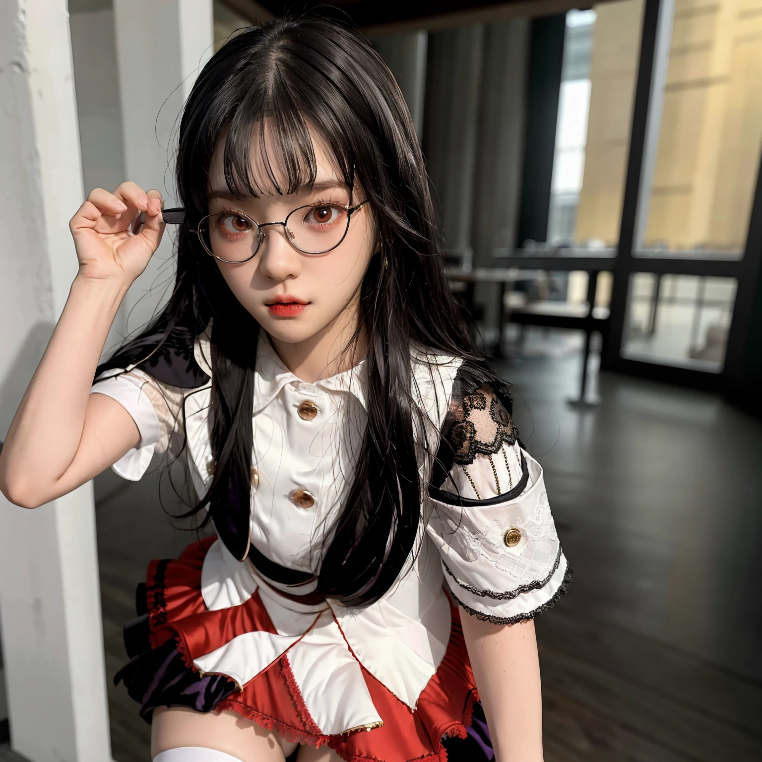 raw photo, 8k, (top-quality), Realistic, (real picture, Intricate details), (natural skin texture, detailed skin, hyper realism, sharpness), (Japanese teenage glasses girl sitting on bed in a hotel), (school uniform, Theme color is dark navy), (Formal jacket dark blue), White shirt, Short tie, Short pleated skirt is plaid, Socks are dark navy, (pale skin:1.2), slender body, ((braid hairstyle, blunt bangs)), (glasses seductive face, Parted lips:1.3, eye shadow, eyeliner, eye bag:1.2, red lip, undereye circle), thighs, red wall:1.3, full body shot