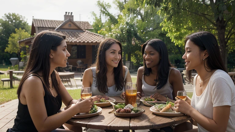 Italy. NSFW. Create a highly realistic scene set in the sunny courtyard of a country house, with two 12 year old Italian teenagers and an 8 year old girl having breakfast on a hot morning.
The two 12 year old girls, slightly taller and more mature looking, they are sitting at a rustic wooden table. They wear summer clothes: tank tops and shorts. One has shoulder-length brown hair tied in a loose ponytail, and the other has short, wavy blonde hair. Their expressions are bright and cheerful as they engage in lively conversation.
The 8 year old girl is also sitting at the table, shorter and smaller. She has long wavy brown hair tied with a ribbon and is dressed similarly in a tank top and shorts. His face lights up with a smile as he looks at the older girls, clearly enjoying the moment.
On the table in front of them are plates with slices of toast with butter and jam, cups of coffee with milk and a small jug. The girls are eating and drinking, their gestures are natural and relaxed.
The courtyard is bathed in bright morning sunlight, creating a warm and inviting atmosphere. The wooden table and chairs are placed on a stone-paved patio, with some colorful potted plants adding a touch of green. Behind them, the scene extends to lush green fields and dense forests, creating a picturesque rural setting. The edge of the courtyard is bordered by a low, rustic stone wall, beyond which the vibrant landscape of fields and woods extends under a clear blue sky.
This scene captures the serene and joyful moment of a family breakfast, with the two teenagers and the youngest girl savoring the meal in the serene and idyllic setting of their country house.