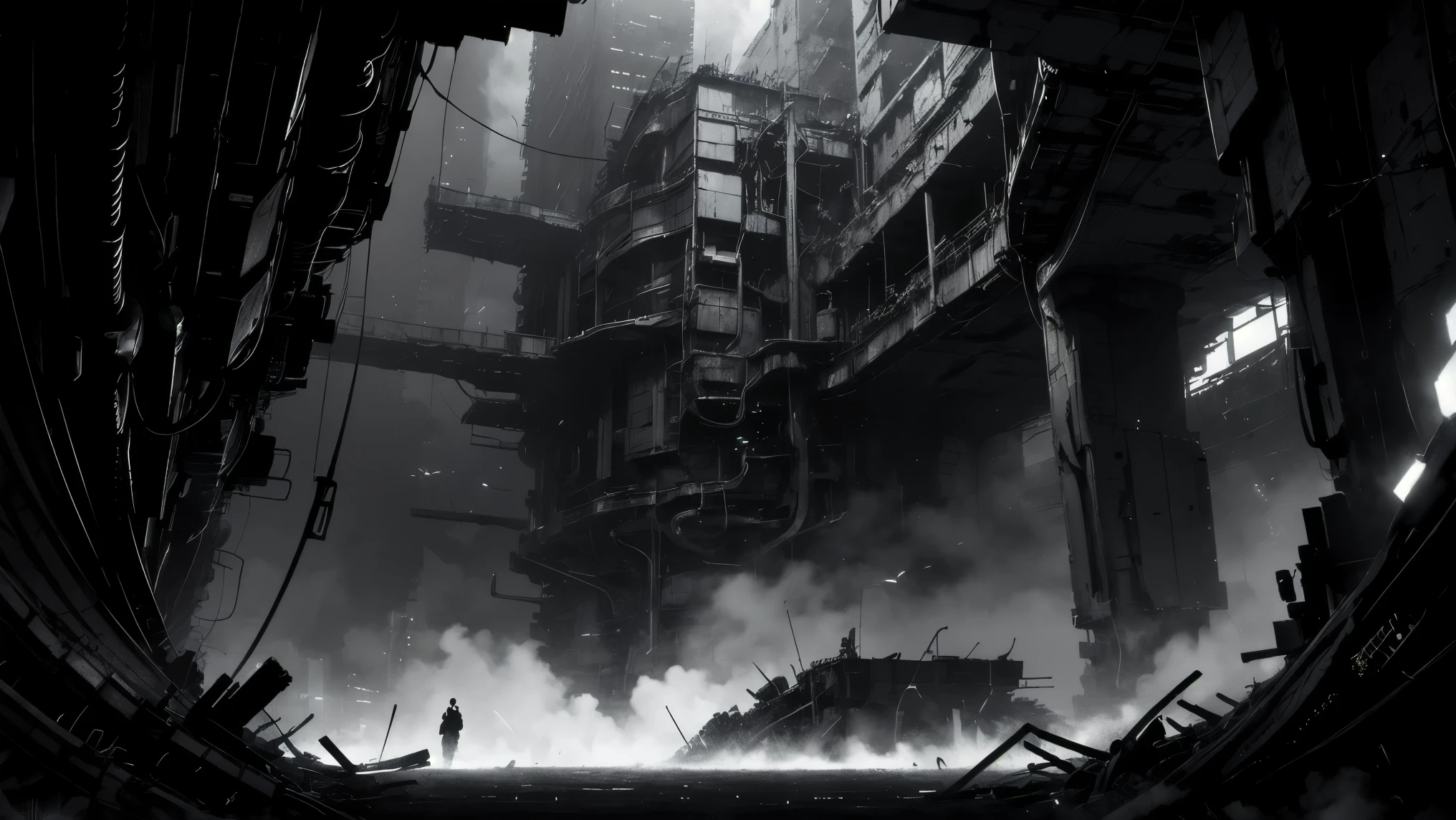35mm lens,blame, tsutomu nihei, by tsutomu nihei,movie, A dark underground biomechanical core scene,The center is a column wrapped around vines,Structural corrosion and aging,Some cables emit a faint golden glow,Surrounded by distorted pipelines and metal ground,The left and right are alien-shaped humans with the lower body like a cocoon of bugs {x} The design style is full of biological senses and technology,Scary sci-fi atmosphere, dim light ,Feeling strong feeling,rich in details,ultra-detailed illustration, monochrome palette with red highlights, cinematic lighting, high contrast shadows, ink-style rendering