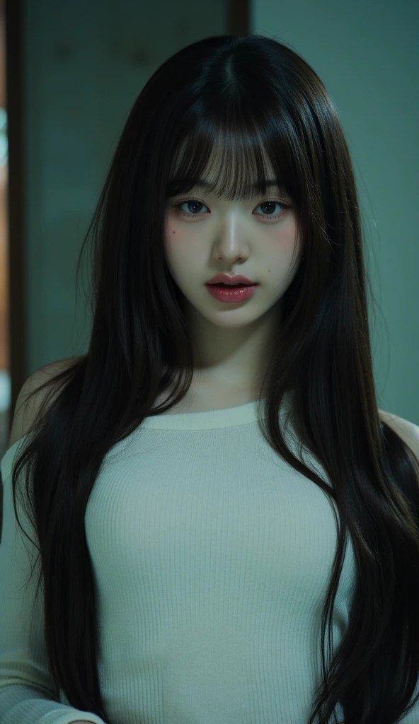 masterpiece, best quality, ultra-detailed, facing the camera head on, intricately detailed hyperdetailed, realistic, sharp features, highly detailed, sharp focus, perfect face, perfect face, perfect symmetrically perfect eyes, perfect full lips, flexible female form, cinematic, film light, hyper detailed, hyper realistic, masterpiece, atmospheric, high resolution, vibrant, dynamic studio lighting, nsfw, ((Dark background)), Sexy face, Facial expressions when receiving pleasure, straight Bangs, Big breasts, Exposed cleavage, blue Eyes,black sweater, cowboy shot,