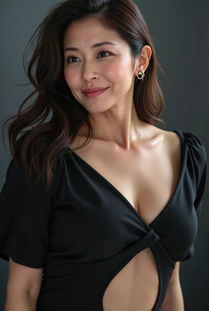 58-Years-Old,( Indonesian Mature Woman:1.1),, , ,( Seductive Look), ((portrait)) ,((best quality)), 8K,16K, HDR,high quality,,,,red lip,,(laugh line;1.2),(from side),(heavy make up),(black short hair)