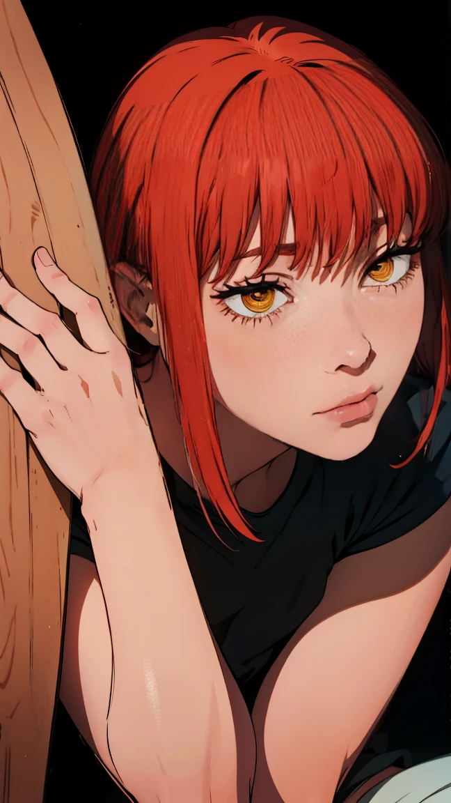 The character Makima from the anime series Chainsaw Man, fragile, full length (Full body 1.1.), dark background, darkness, Correct anatomy 1.1, correct hand anatomyVery sexy, erotica, very feminine, beautiful figure, legs, buttocks, Beautiful body, red hair, orange eyes, Red circles for schoolchildren, summer dress, sexy pose, realistic, very detailed, Beautiful body, detailed body, detailed hands, detailed, Vibrating, detailed Face, Makima character design. very detailed, detailed body, detailed hands, detailed Face, anime art, Hugh Details, Very downcast face, detailed eyes, Super thin illustration, best shadow, Fine detail, beautiful detailed glow, beautiful detailed, Extraordinarily beautiful, extremely detailed, inexpressive, epic composition, Anime style. anime art anime art, Anime style,