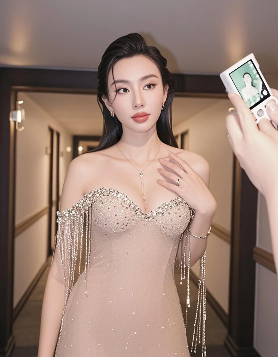 ((top quality、8k、masterpiece:1.3))、Extremely exquisite beautiful girl,full-body shot,Huge breasts,Breast enlargement,amazing breast size,G cup。Wear big earrings,The skin is very white,Hydrating red lips,Very thin waist,Thighs are very thin,Big Ass,Fair and smooth skin,Smooth and fair skin,Flawless skin,Fair and shiny skin,Cool white skin,There's a camera on the chest,Deep Crack,showing her breast,(Big V-neck),Bright light,(Red transparent lace dress:1.3),Red tulle skirt,Bare shoulders,Light pink hair,The hair is light pink,stage,Red Carpet,Cannes Film Festival,((A person takes a selfie:1.6)),(A mobile phone selfie:1.5)