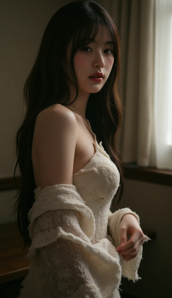 8k, masterpiece, RAW photos, best quality, realistic, Highly detailed CG Unity 8k wallpaper, depth of field, Cinematic Light, lens flare, ray tracing, (very beautiful face, beautiful lips, beautiful eyes), Face with intricate details, ((highly detailed skin)), best quality, masterpiece, ultra high resolution, (realistic photo:1.5), Original image, luxury long dress, 1 woman, off shoulder, in the dark, deep shadows, low song, cold light, sexy look, long gray hair,house,restroom,selfie,pretty,rim light,Swirling hair, medium shot, big bust, korean girl, korean