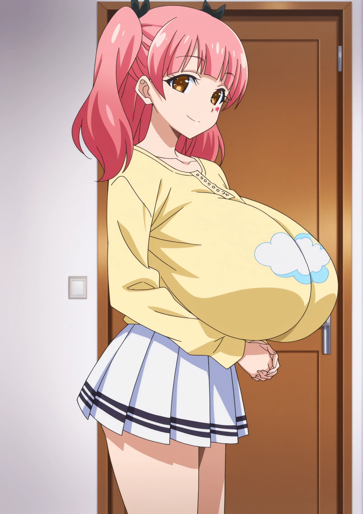 (very_aesthetic, best_quality, high_resolution, ultra_detailed, anime_screencap), 1 girl, solo, Nene Fujinoki (Hajimete no Gal), nene's pink hair look, pink hair, two side up, hair ribbon, black ribbon, star facial mark, perfect hair, brown eyes, detailed eyes, seductive smile, white beautiful skin, gigantic breasts, collarbone, standing, own hands together, looking at viewer, sideview, skinny, small hips, tall height, feet out of frame, casual outfit, henley shirt, yellow shirt, print shirt, cloud print, long sleeves, buttons, white skirt, pleated skirt, single horizontal stripe, indoors, bedroom